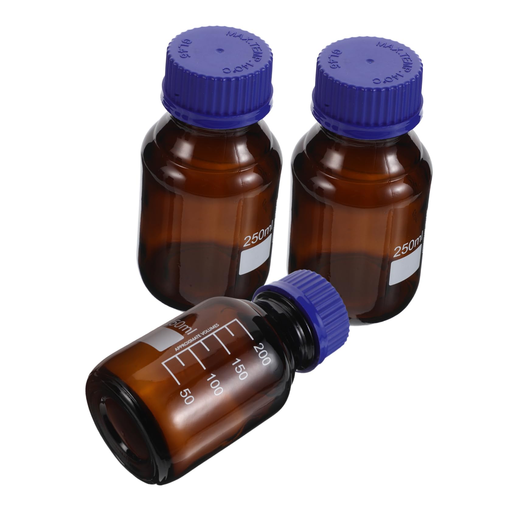 KICHOUSE 3pcs Glass Sample Vials Lab Storage Bottles Graduations Screw Cap 250ml Storage Containers