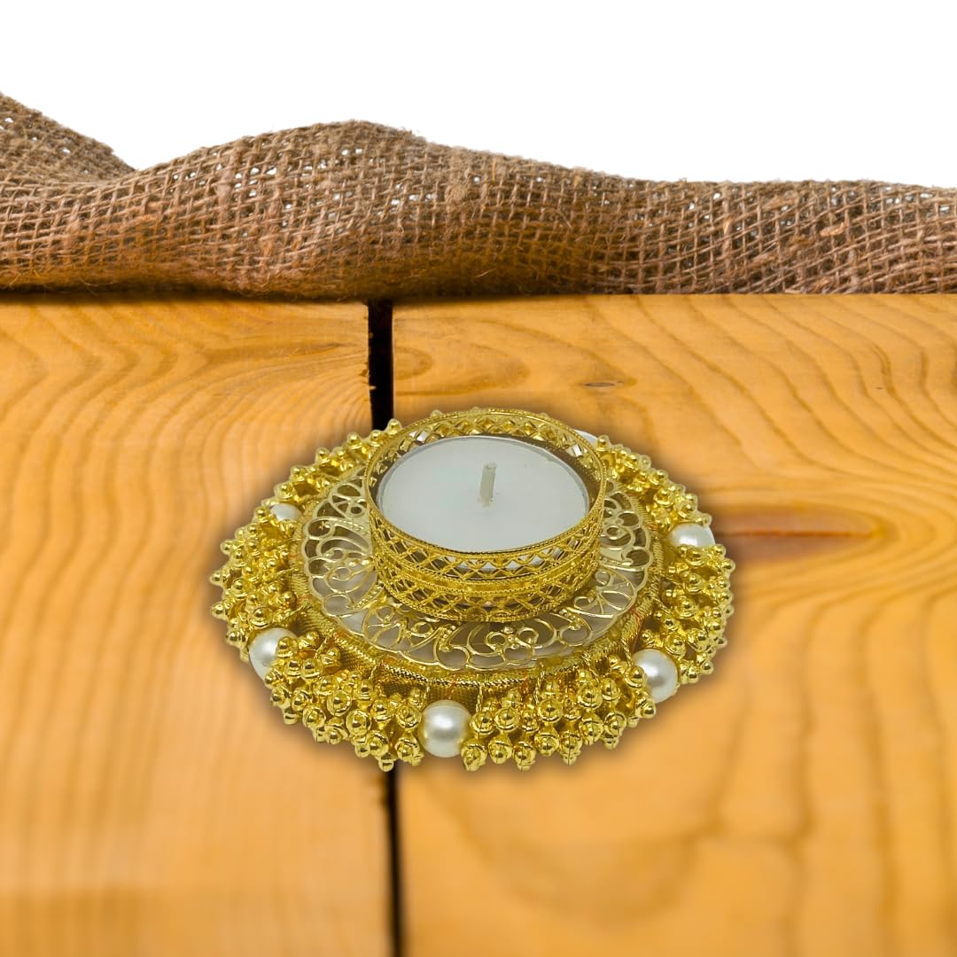 looktuuk Diya Set Rangoli | Decorated T Light Holder with T Light Candle | Pearl and Golden Beaded | (2)
