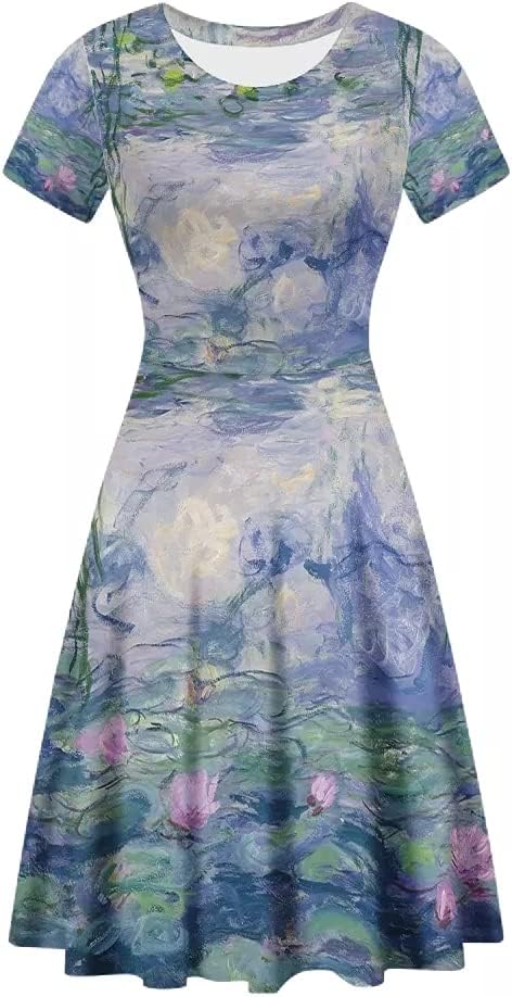 ENLACHIC Women's Summer Short Sleeve Sunflower Print Casual T Shirt Flowy Swing Dresses