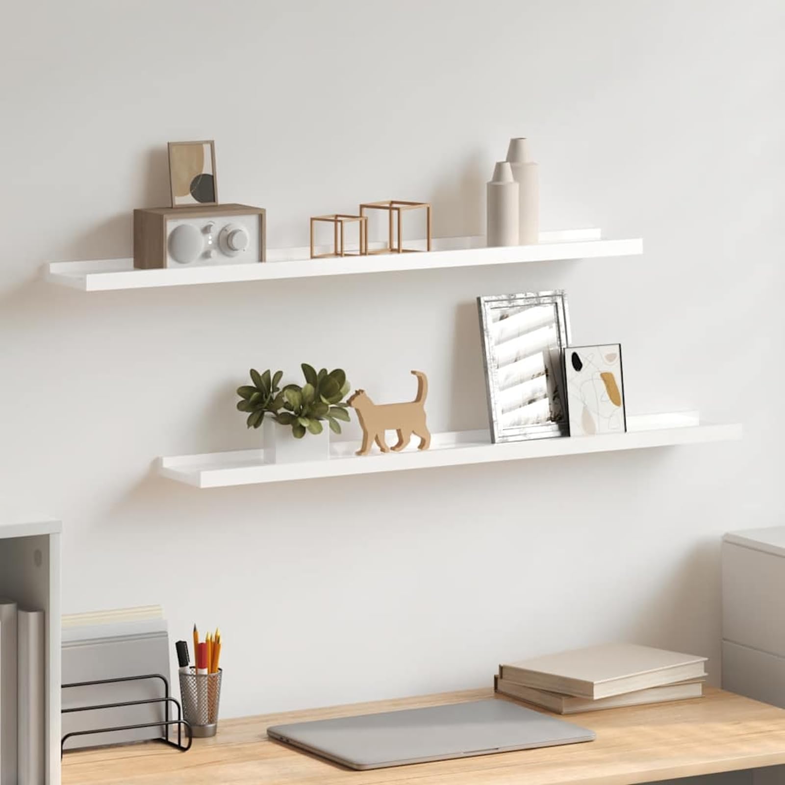 2 STK. Wandregal, Bilderleiste, Bücherregal, Schweberegal Hängeregal Büroregal Dekoregal Freischwebend Regal MDF Hochglanz-Weiß 80x9x3 cm