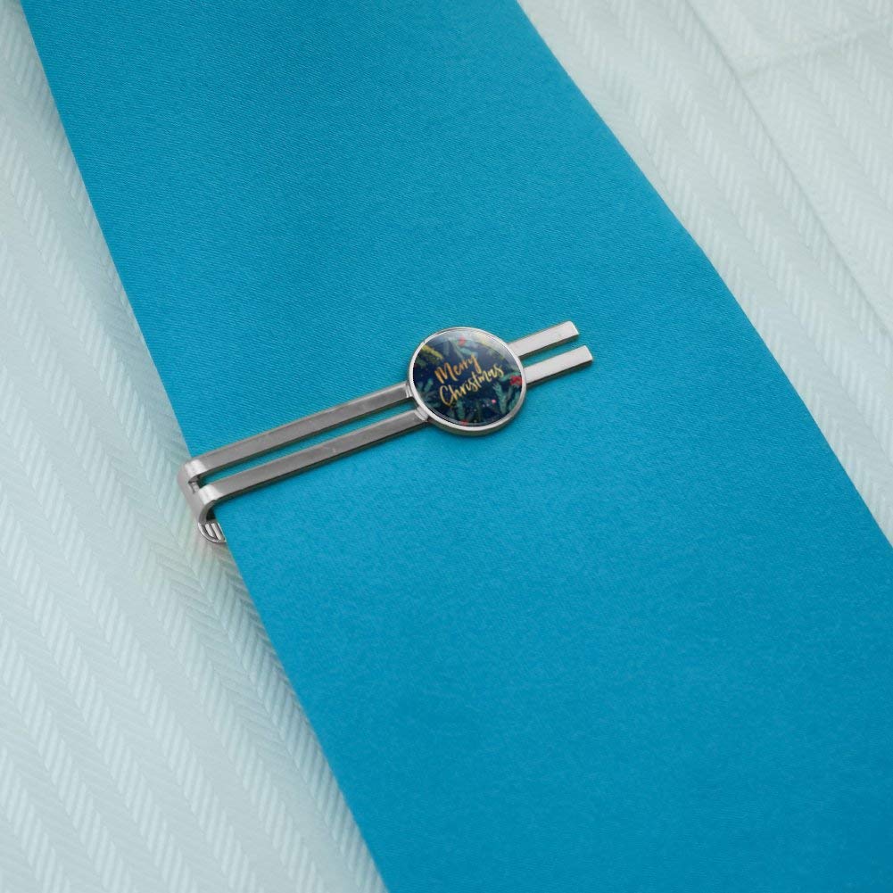 GRAPHICS & MORE Merry Christmas Stars Pine Needles Round Tie Bar Clip Clasp Tack Silver Color Plated