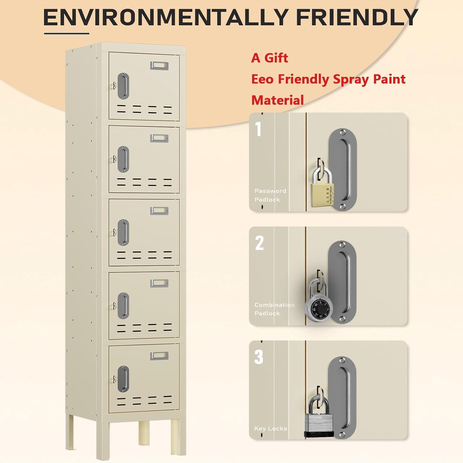 BUTISOW Metal Storage Locker with Lock & Card Slot - Secure Lockable Door - Steel Locker for School, Office, Gym, Home - 66.15" H x 11.8" W x 11.8" D - 5 Door - Beige