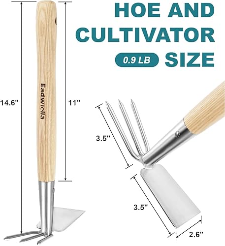 Miniatura 6 de Azada y cultivador rastrillo de jardín, herramienta de cultivador de mano con mango de madera, herramienta versátil para excavar, aflojar el suelo,