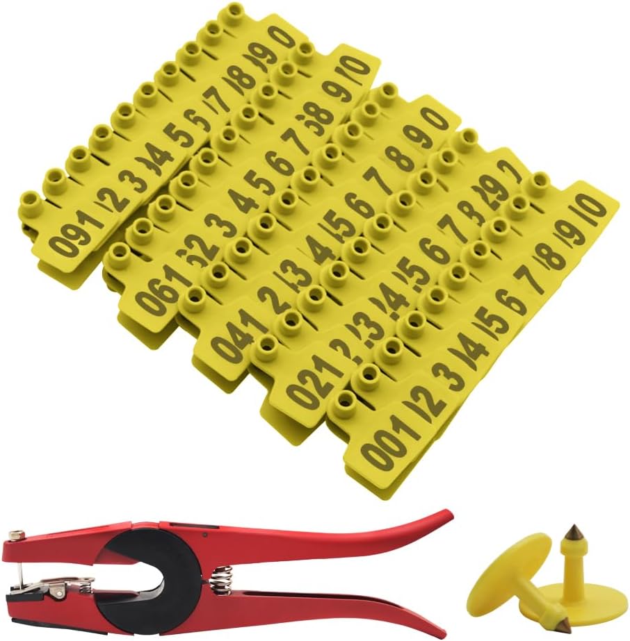Pig Ear Tag with Pliers for Hog Swine Piglet Calf Mark Tool with Pins (Yellow)