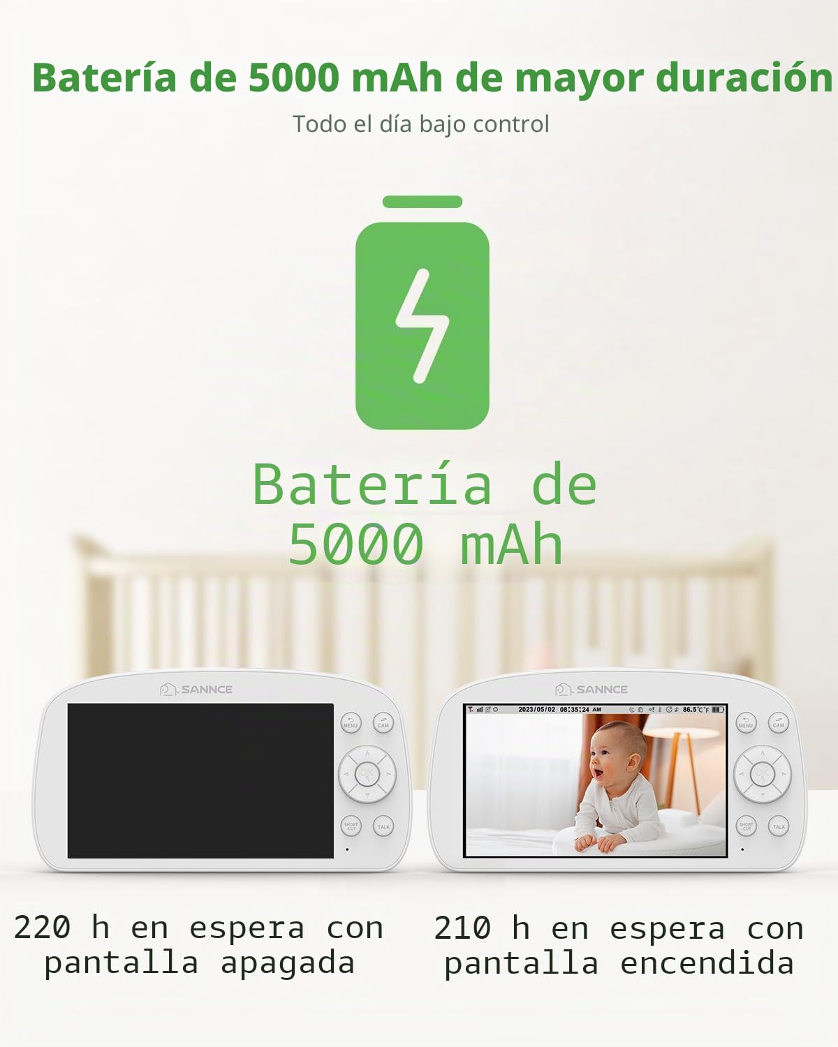 SANNCE WiFi Baby Monitor con cámara 1080P Pantalla de 5,5 pulgadas Inalámbrico 2,4 GHz 5000 mAh Batería Audio bidireccional Panorámica 340° Inclinación 50° Detección de movimiento y llanto