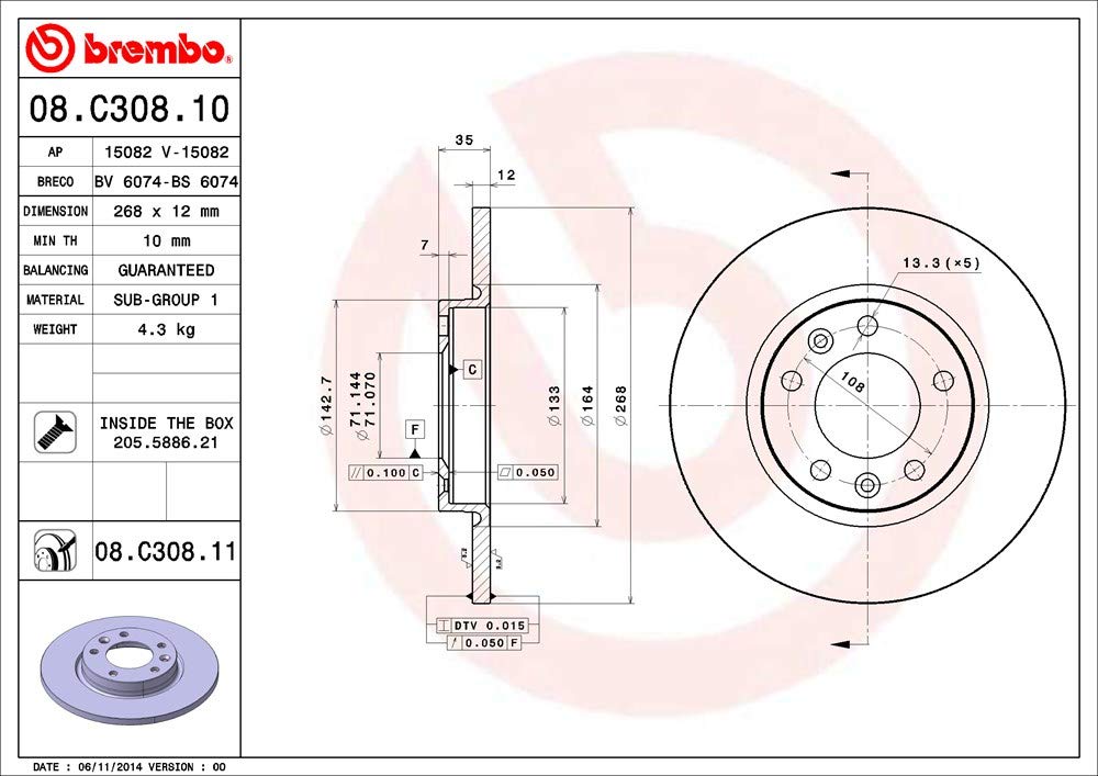 Brembo 08.C308.11 Rotores de Discos de Frenos