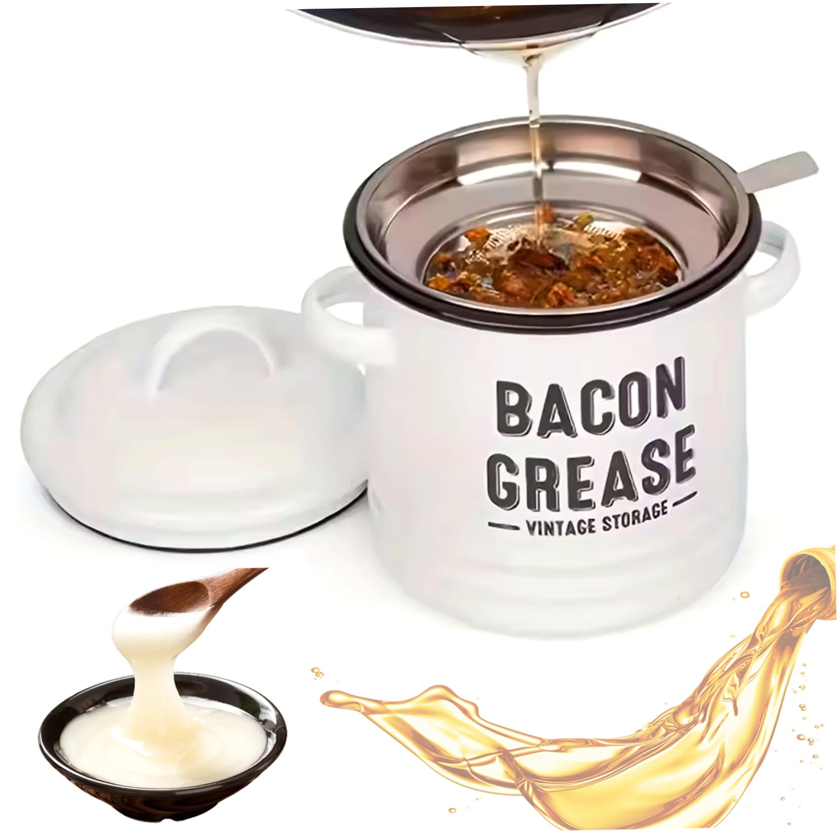 Hbbgdiy Bacon Grease Container Enamel Grease Saver with Strainer Lid and Spatula Oil Storage Can Collector for Kitchen Cooking Tools 4.7x6.7in Oil Keeper Container