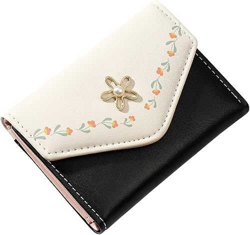 Miniatura 2 de Cartera de piel sintética para mujer y niña, con diseño de flores, de tres pliegues, delgada, pequeña, con tarjetero para dinero en efectivo, Negro