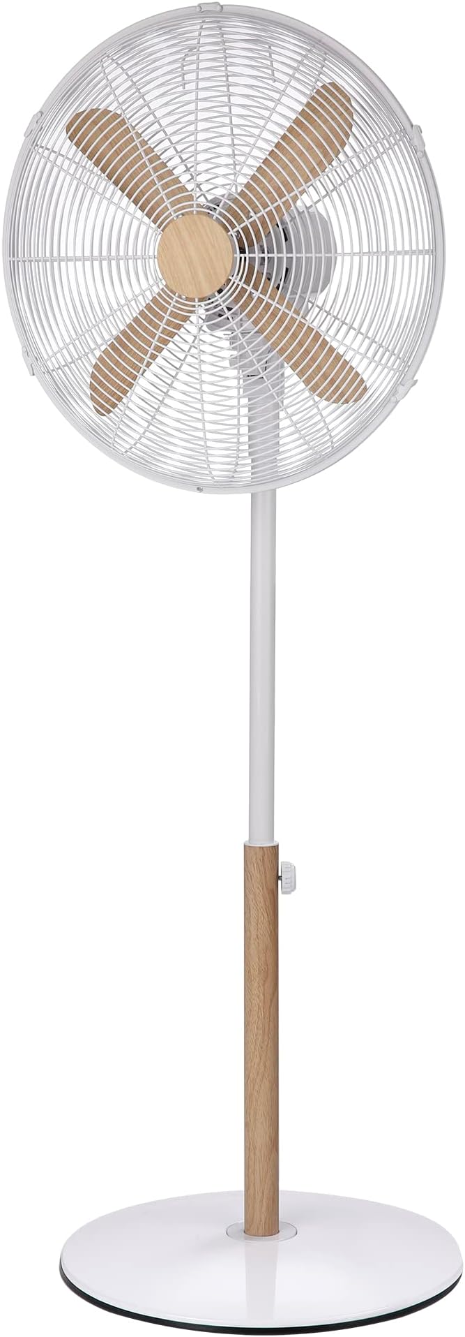 RHMPF1601WDW 16" Scandi Electric Pedestal Fan, Tall Standing Fan, 1m to 1.25m Height, 3 Speed Settings, Oscillating Fan & Adjustable Tilt, 60W, White and Wood Effect