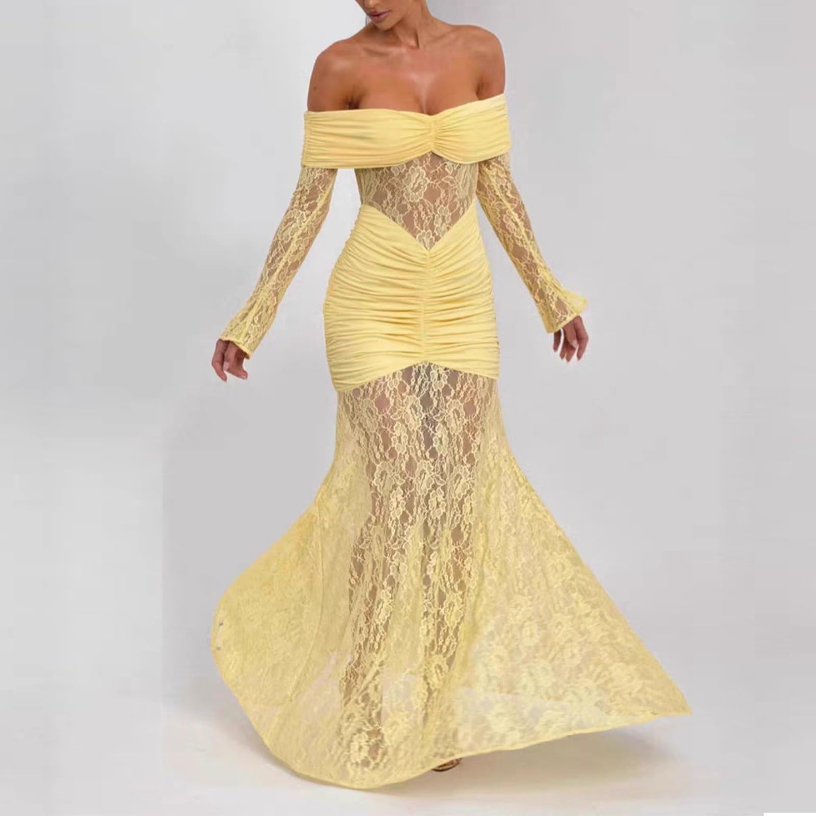 Robe Sirène en Dentelle Jaune, Épaules Dénudées, Taille Froncée, Ourlet en Dentelle Transparente, Idéale pour Les Dîners et Les Soirées