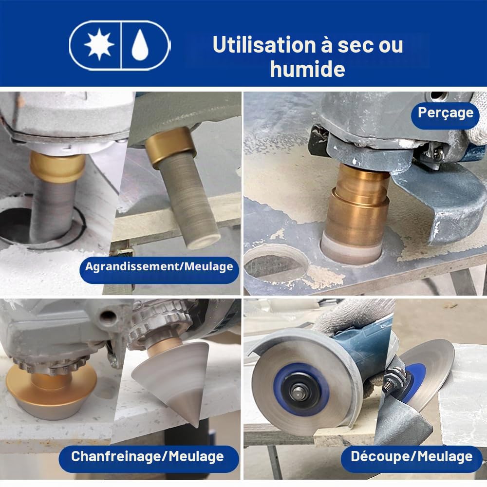 SHDIATOOL Forets Diamantés M14 (6/6/20/35/50/68mm) - Kit Mèches à Chanfrein Diamantées 50mm, Mèches à Doigts 20mm, Adaptateur Queue Triangulaire & Disque de Coupe 125mm pour Carreaux
