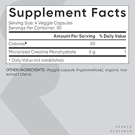 Sports Research Creatine Monohydrate Capsules - Supports Workout Recovery, Lean Muscle gain, Performance and Strength* - Non-GMO, Vegan Certified - 5g per Servings - 30 Servings