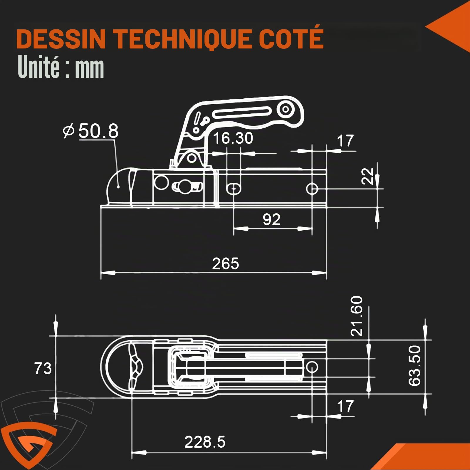 GEARMONSTER Attache de remorque 800 kg, tête d'attelage carrée, 50 mm, boule universelle, attelage de remorque WW8-G
