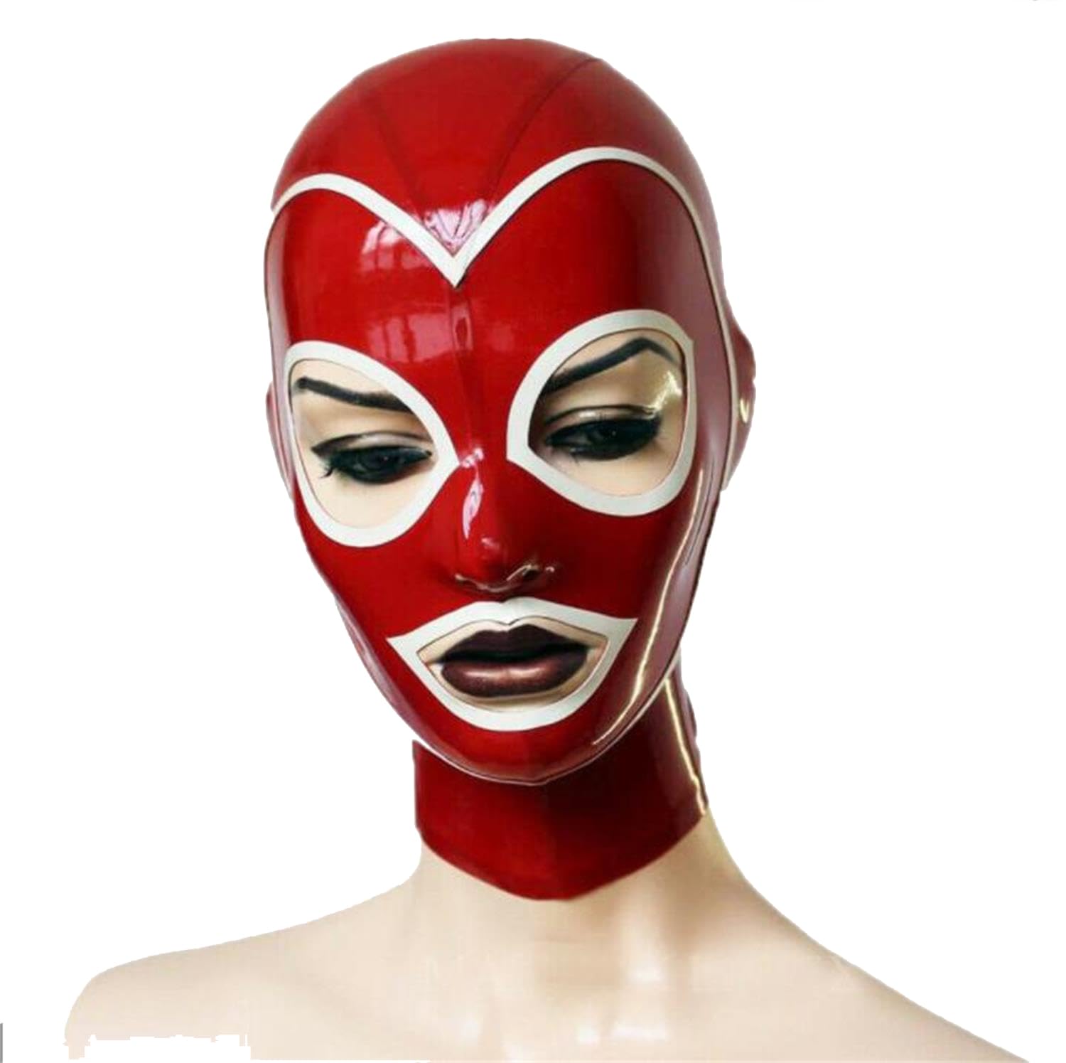 YIYELIY Stripe Latex Hood Back Zipper latex Head Cover Open Eyes Mouth Rubber Mask Cosplay Party Masks (Red,XL)