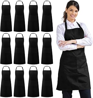 Syntus 12 Pack Black Bib Aprons - 100% Cotton Adjustable Unisex Kitchen Chef Aprons w/ 2 Pockets for Cooking, BBQ, Gardening