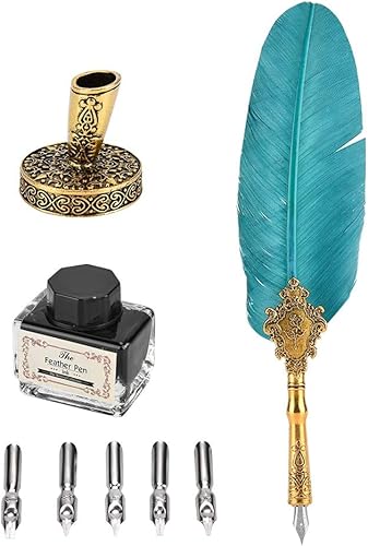 AYNEFY Juego de bolígrafos de plumas, pluma de inmersión vintage, pluma de caligrafía con 5 puntas de repuesto, base de punta de pluma, botella de