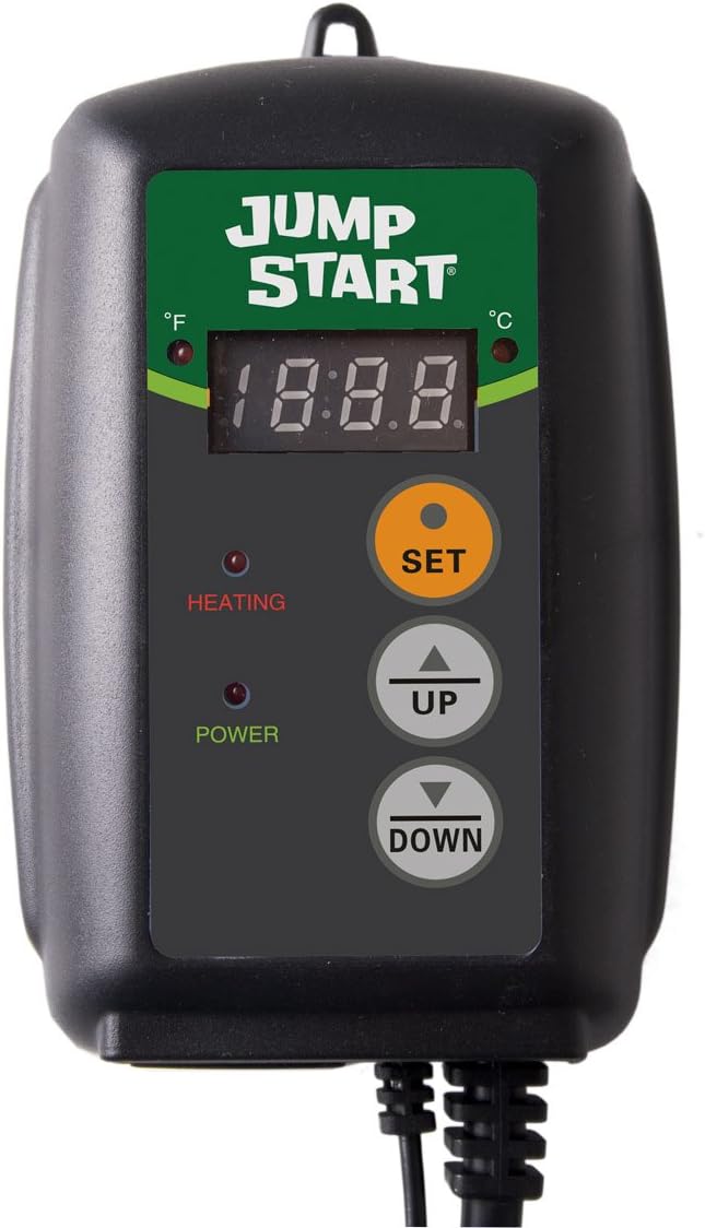 JumpStart by Hydrofarm Digital Thermostat Controller for Heat Mats, MTPRTC, Water Resistant Probe, Celcius or Farenheit Read-Out, 6' Cord