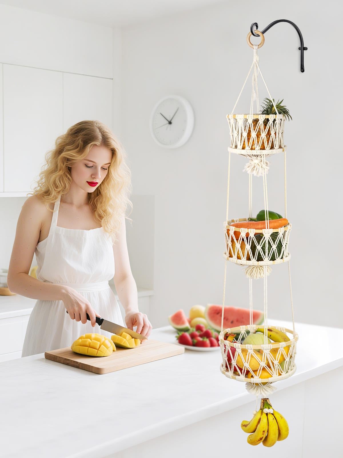 3 Stöckig Obstkorb Hängend, Bambus Hängekorb Obst, Platzsparend Obst Etagere Hängend Für Küche, Obst Aufbewahrung Hängend (120 cm)