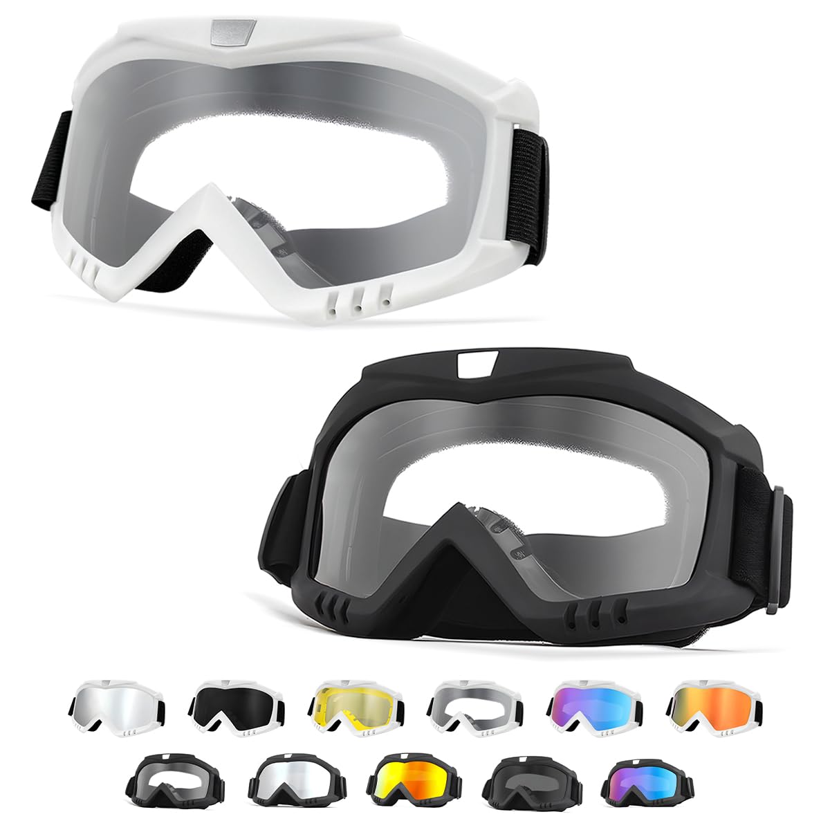 Yourkar 2PCS Dirt Bike Goggle, UV Protection Windproof ATV Off-Road Goggles, Wide Vision Riding Motorcycle Goggle for Men Women (Transparent+Transparent)