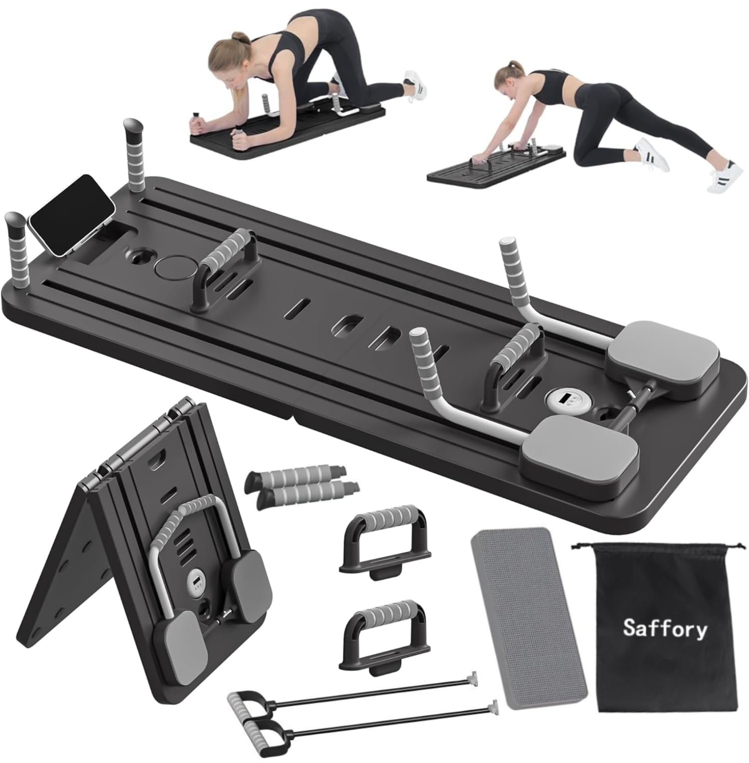 Saffory Foldable Pilates Board, Pilates Reformer for Home Workout 5 in1 with Auto-Rebound, Resistance Bands, Knee Pad, Timer & Phone Holder – Multifunctional Core & Abs Full-Body Trainer (dark gray)