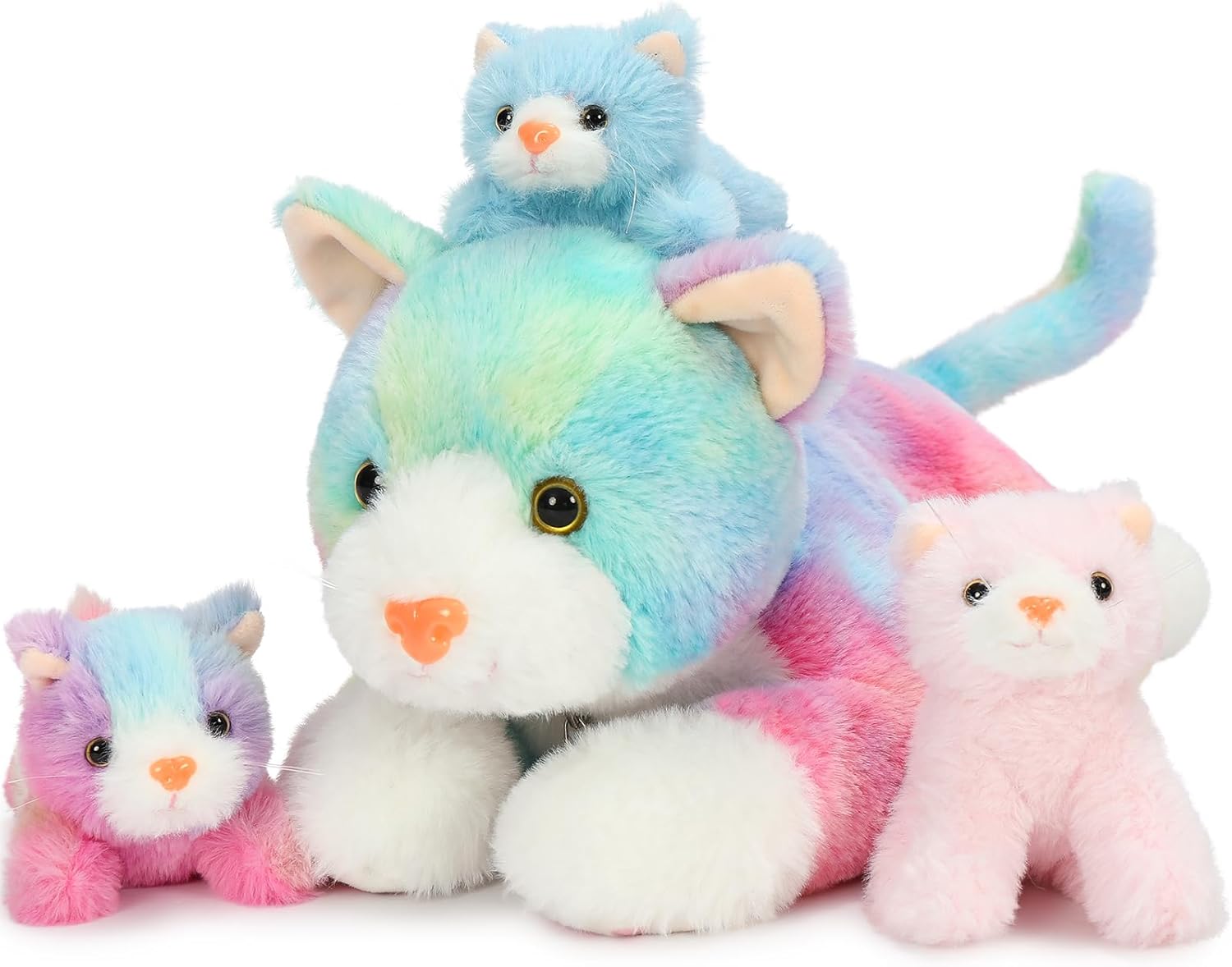 Muiteiur 4 Piece Cats Stuffed Animals, 15.7 inch Mom Plush Cat with 3 Kittens Stuffed in Zipper Pouch, Cute Rainbow Mom and Baby Stuffed Kitten for Kids Girls Boys Gift for Birthday