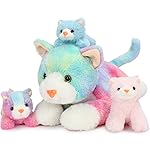 Muiteiur 4 Piece Cats Stuffed Animals, 15.7 inch Mom Plush Cat with 3 Kittens Stuffed in Zipper Pouch, Cute Rainbow Mom and Baby Stuffed Kitten for Kids Girls Boys Gift for Birthday