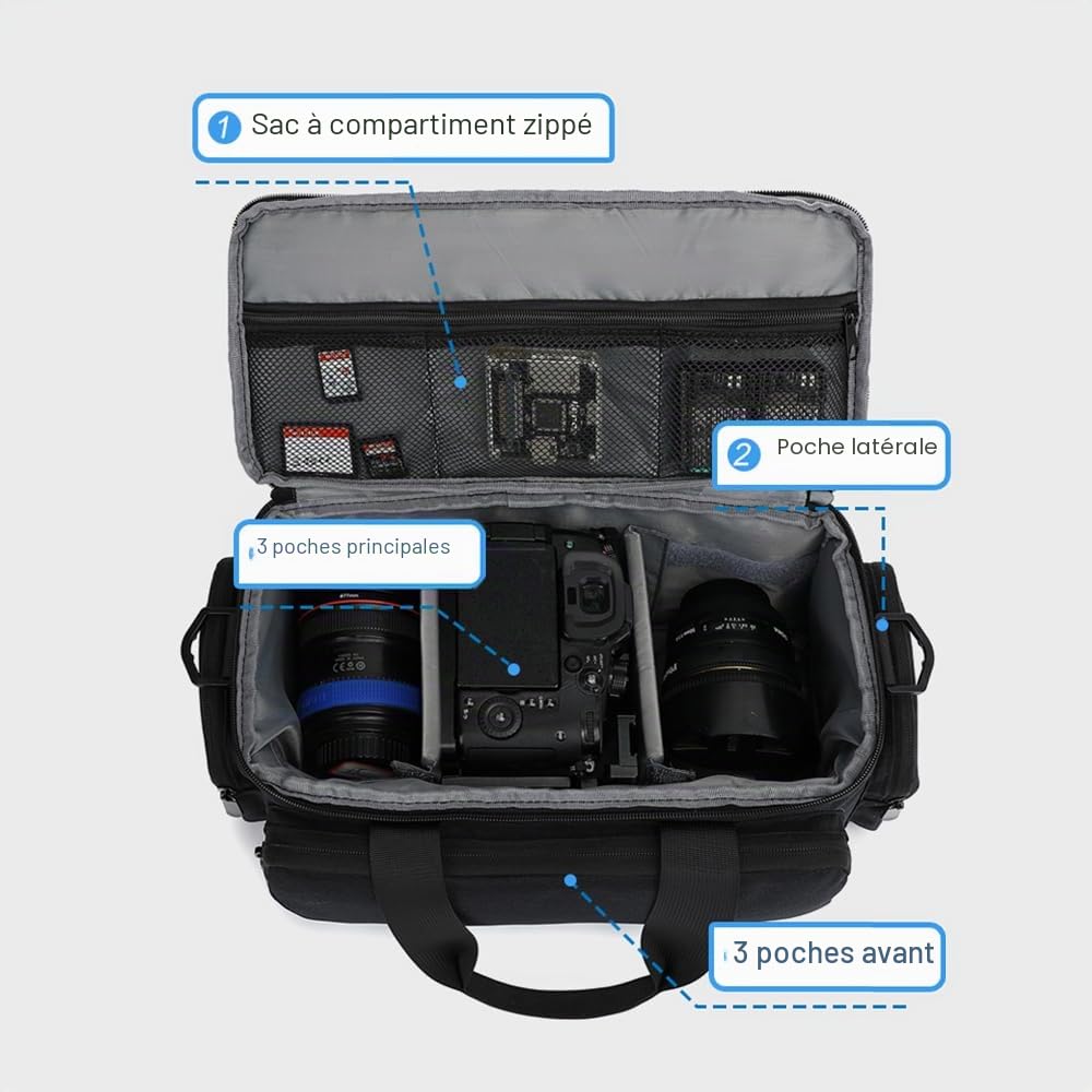 Andoer Sacoche pour appareil photo, sac à bandoulière pour appareil photo de voyage, sacoche pour appareil photo reflex imperméable et résistant aux chocs avec cloisons amovibles et bandoulière