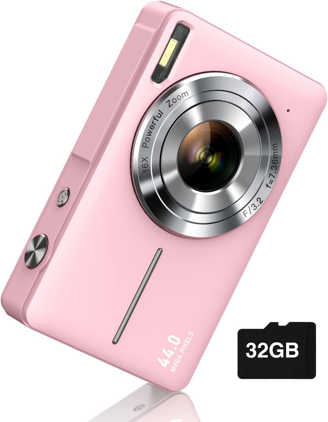 44MP Digital Camera with 32GB Card, Compact 1080P HD Vlogging Camera with 2.4" LCD Screen, 16X Zoom, Anti-Shake, Fill Light, Rechargeable Battery, Mini Portable Camera for Photography & Video (Pink)