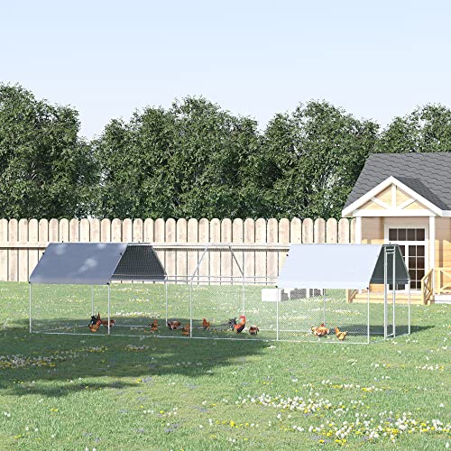 PawHut Large Chicken Coop Metal Chicken Run with Waterproof and Anti-UV Cover, Flat Shaped Walk-in Fence Cage Hen House for Outdoor and Yard Farm Use, 1.3" Tube Diameter, 9' x 24' x 6.5'
