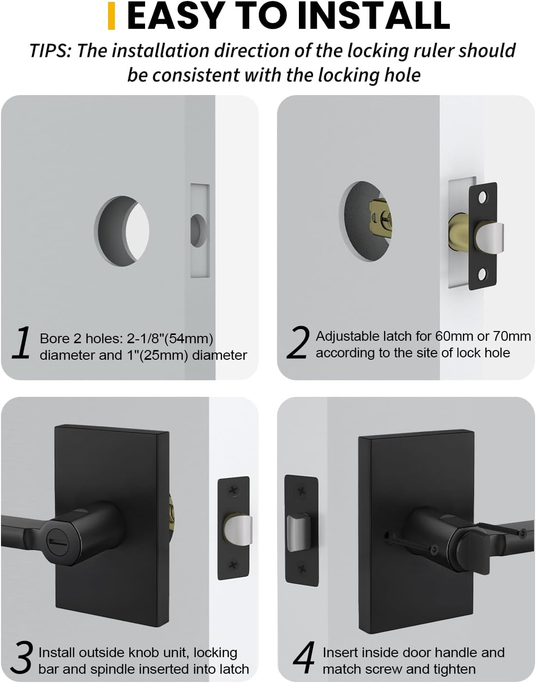 Goldenwarm Black Privacy Door Handles for Interior Doors, Zinc Alloy Matte Black Door Handles Interior for Bedroom & Bathroom, Keyless Door Lever Adjustable & Reversible - 1 Pack