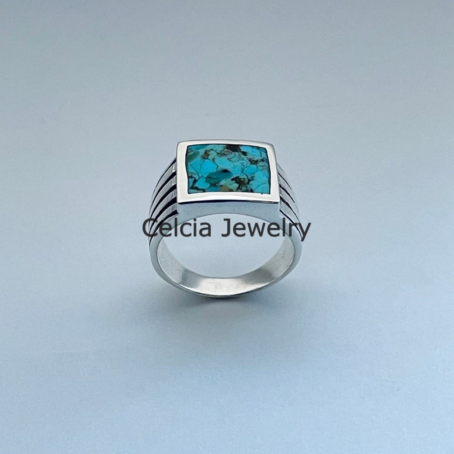 Echter Türkis-Edelstein-Unisex-Ring, Siegelring, Statement-Ring, schwerer Herren-Geschenkring, einzigartiger Vater-Mutter-Geschenkring, schöner Dezember-Geburtssteinring