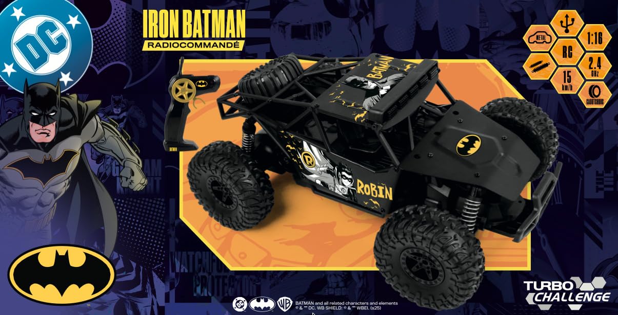 TURBO CHALLENGE - Buggy Iron Batman - Licencia Oficial DC Batman - Elite - 099347C - Coche Control Remoto - Negro - 1/16 - Pilas Incluidas - Metal - Juguete Niño - Regalo - A partir de 8 años