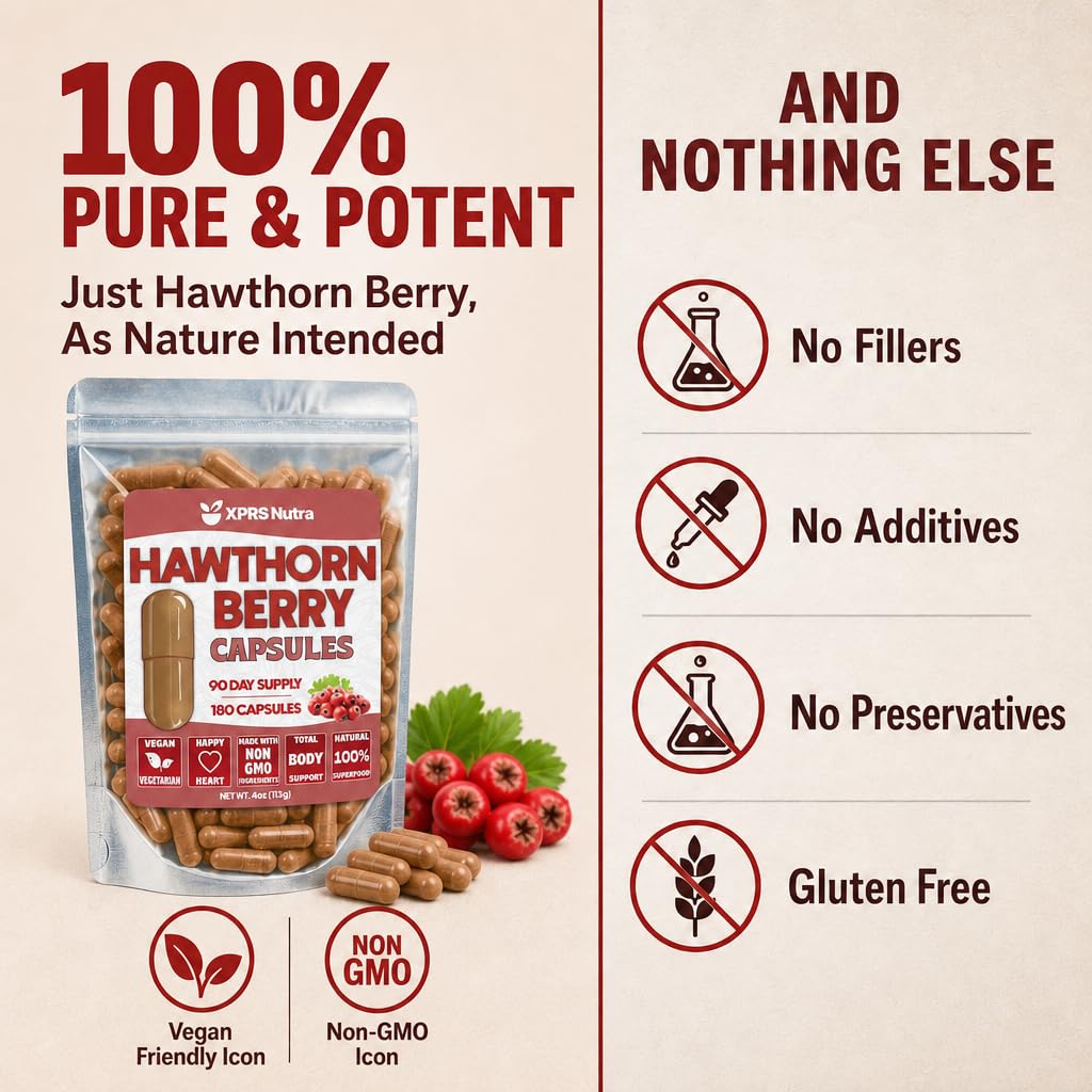 XPRS Nutra Hawthorn Berry Capsules - 180 Count (90 Day Supply) of Premium Hawthorne Berry Capsules for Cardiovascular Support - Vegan Friendly Hearth Health Supplement — Amazon image 4
