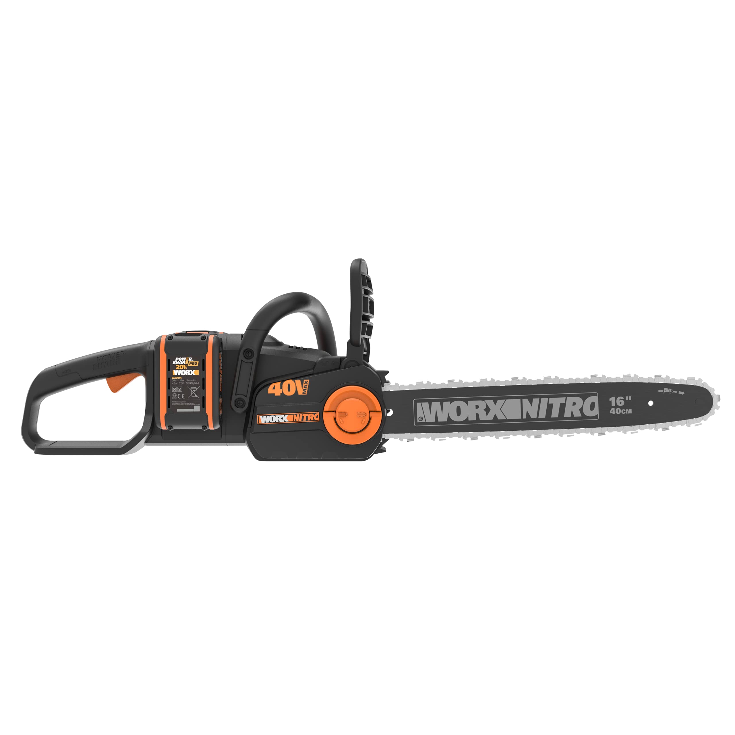 WORX WG385E Nitro Akumulatorowa Pilarka Łańcuchowa 40V(2 x 20V), Silnik Bezszczotkowy, Automatyczne Napinanie i Smarowanie Łańcucha, Długość Cięcia 40 cm, Prędkość Cięcia 18m/s