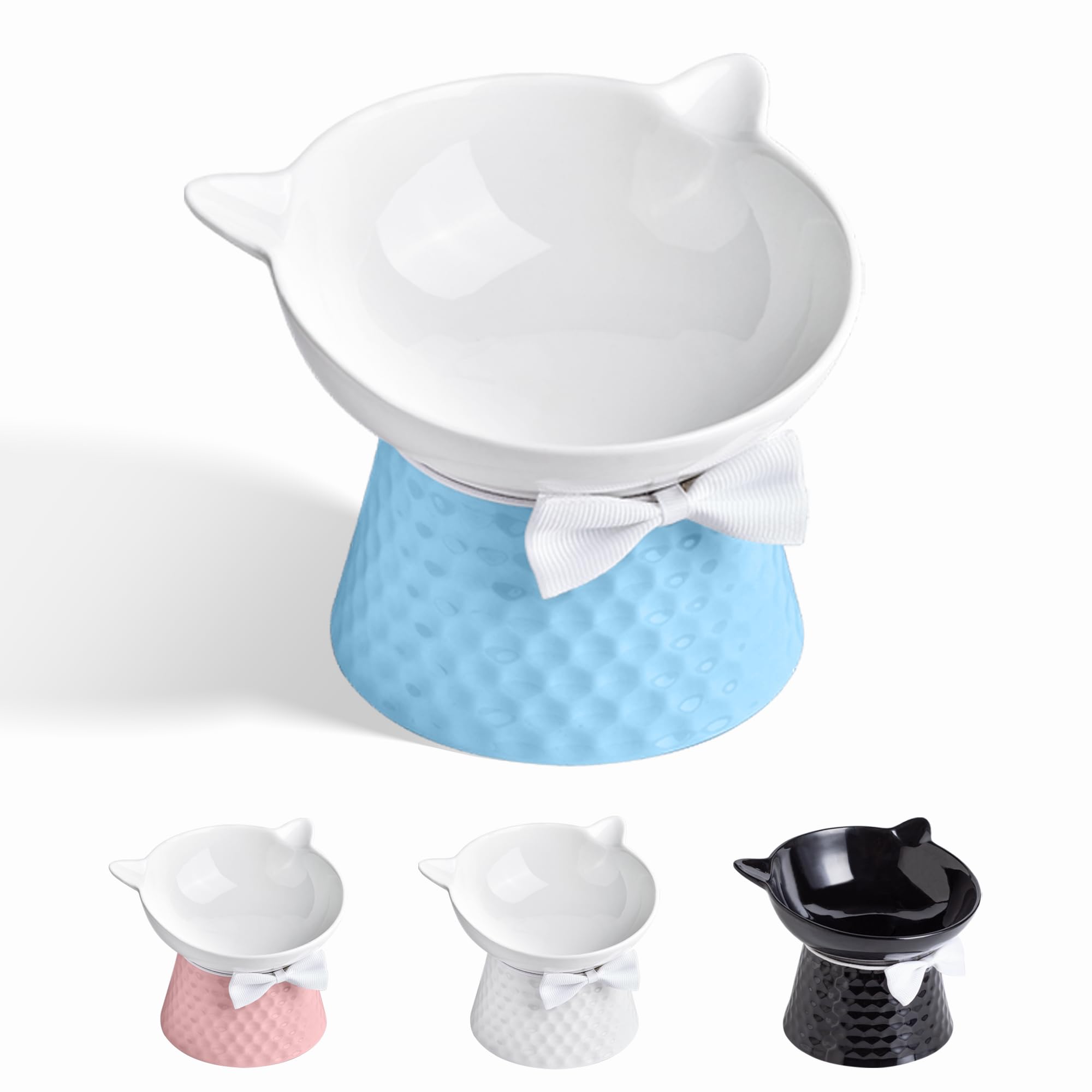 Ceramic Raised Cat Bowl with Stand and Bow Tie, Tilted Elevated Anti-Vomit Cat Dish for Whisker Relief, Microwave &amp; Dishwasher Safe, Cute Pet Food Bowl for Cats and Small Dogs (Blue)