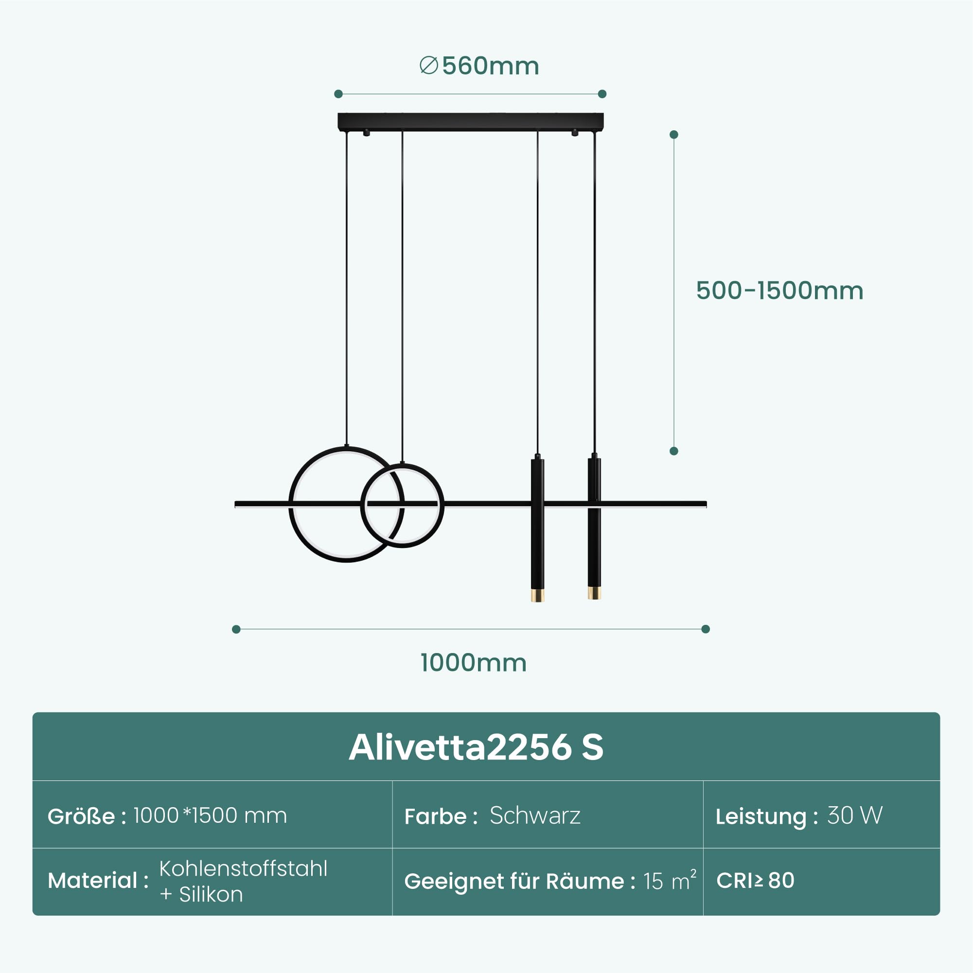 Mai & Mai LED Pendelleuchte mit Fernbedienung & App dimmbare Hängelampe 30W | Modernes lineares Design Pendellampe 3000-6000K CCT höhenverstellbar für Esszimmer Wohnzimmer Büro, schwarz Alivetta2256