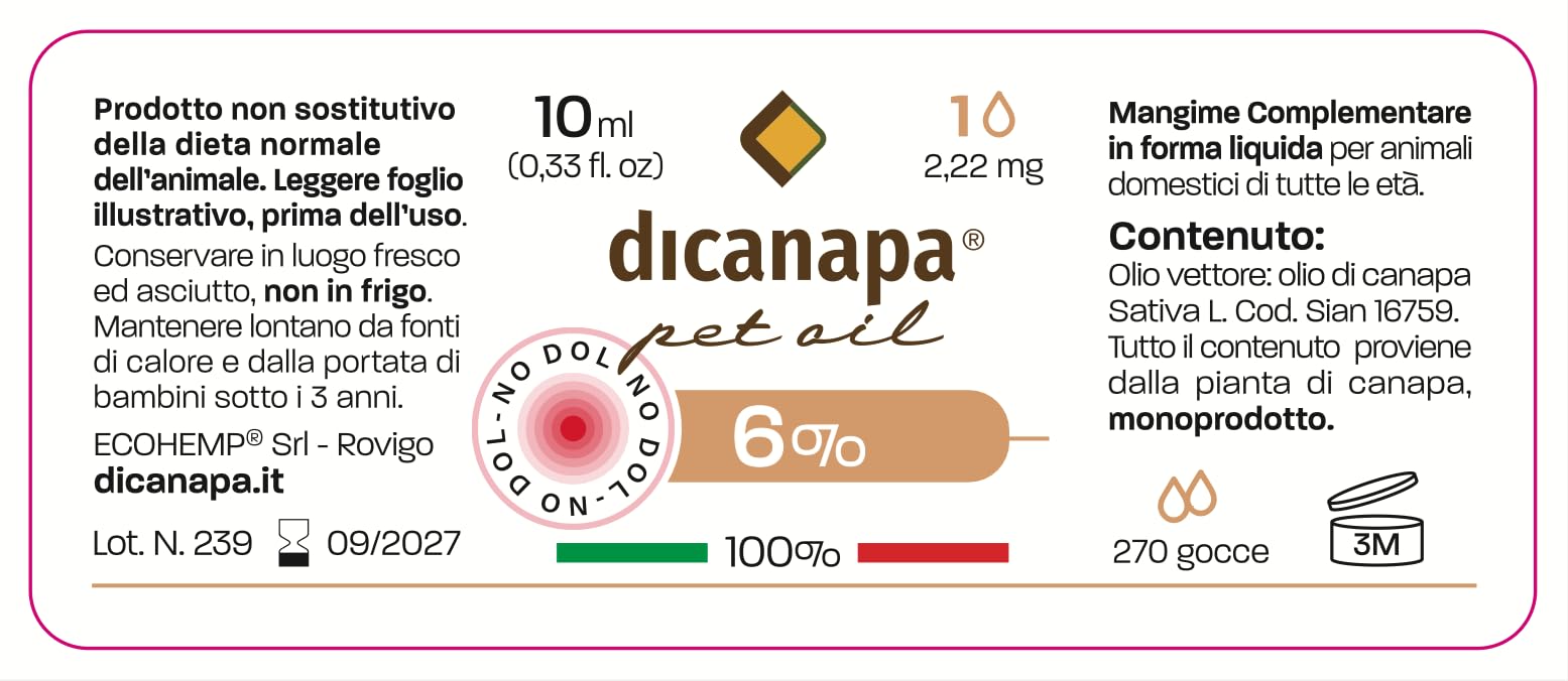 dicanapa® Pet Oil Gatto e Cane fino ai 21 Kg Made in Italy