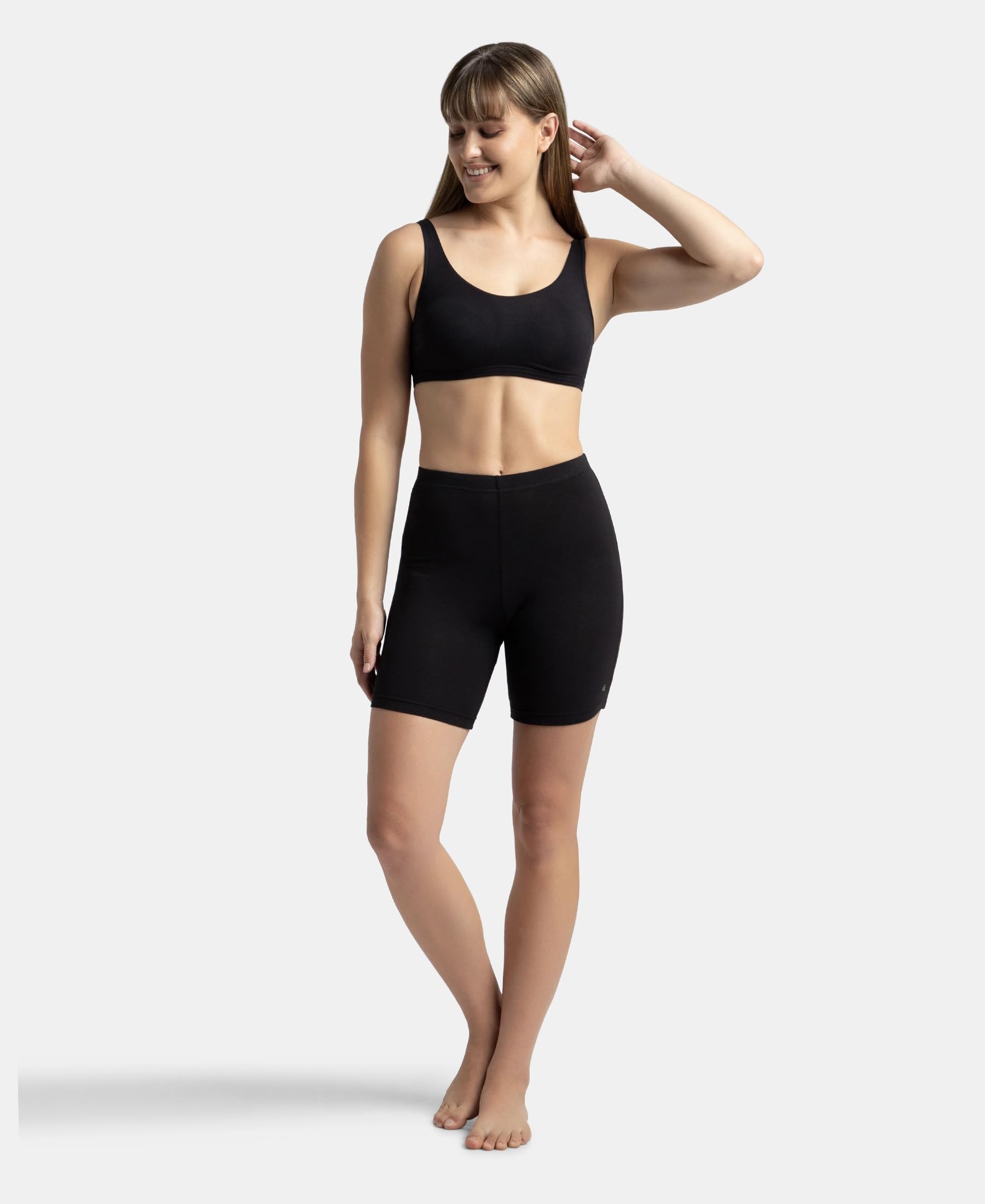 Jockey 1529 Women's High Coverage Super Combed Cotton Elastane Stretch Shorties with Concealed Waistband (Pack of 2)_Black & Skin_M - Image 8 thumbnail