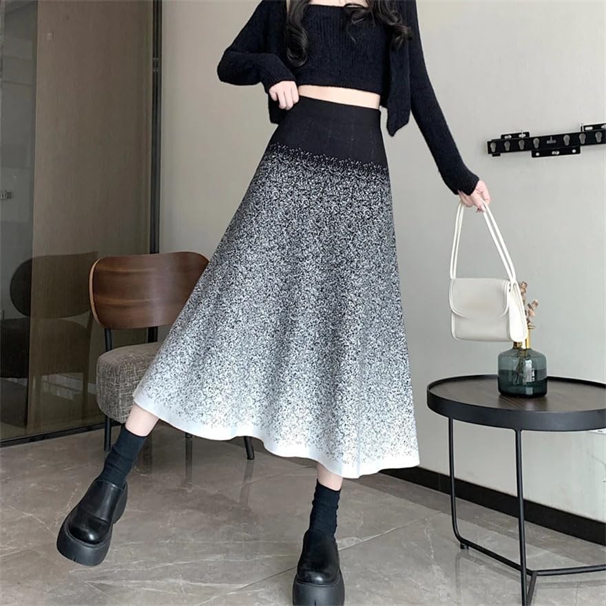 Pulcykp Women Fall Winter High Waist Slim A-Line Midi Skirts Gradient Color Loose Casual Sight Strech Knit Skirt2
