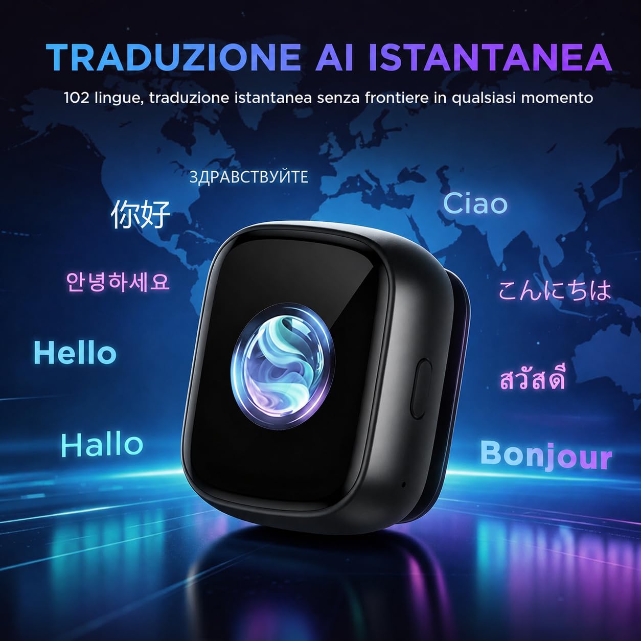 Z02 Traduttore vocale IA e badge, dispositivo di traduzione in tempo reale 102 lingue, registrazione con un‑clic per verbali d’incontri e mappe mentali, Bluetooth integrato per viaggi e lavoro