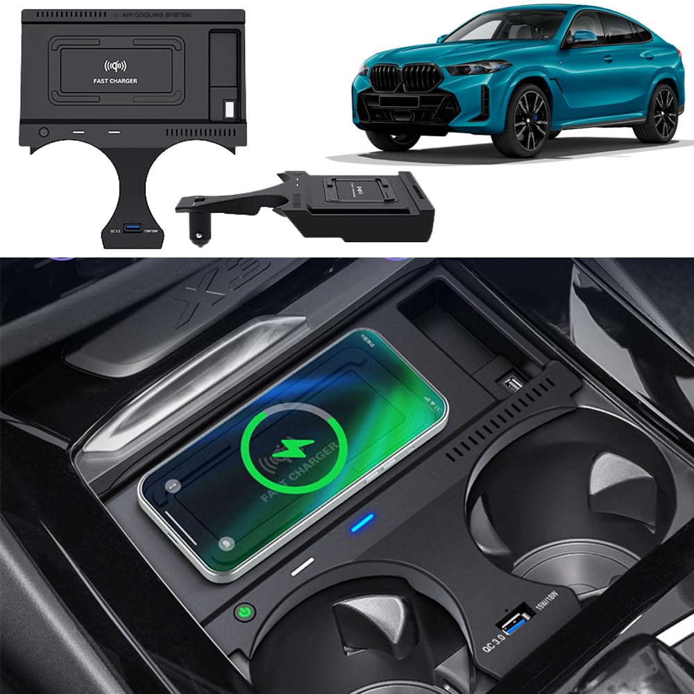 Auto Draadloze Oplader voor B-M-W X5 2019 2020 2021/X6 2020 2021 Middenconsole Accessoire Panel, 15W Snel Opladen Telefoon Oplader Pad met QC3.0 USB voor Voertuig modificatie en opladen
