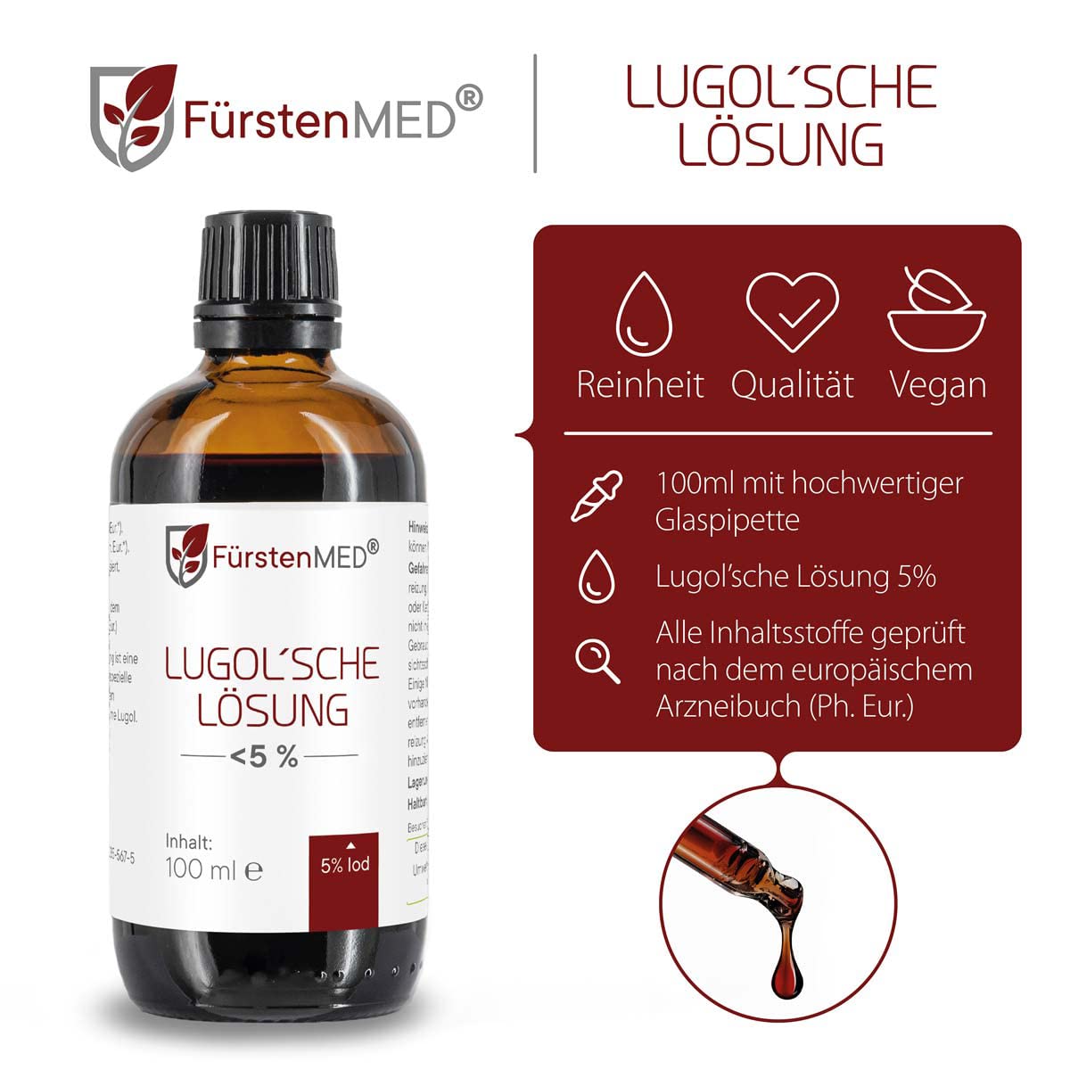 FürstenMED® Lugol Solution 5% Iodine Solution 100 Ml Brown Glass Bottle With Drip Pipette From Germany No Additives - View #2