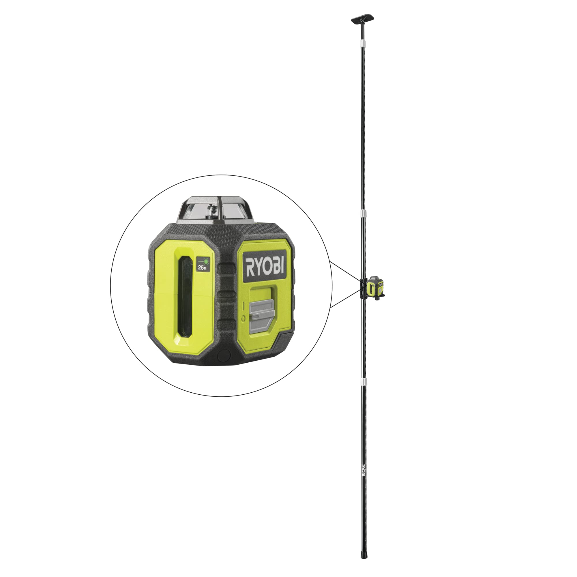 RYOBI Zestaw Zielony Laser RB360GLL-K i Statyw 3.2 m RBCLTP1, Automatyczne Poziomowanie, Zasięg Pracy do 25 m, Dokładność +/- 0.5 mm/m, 1 x Wertykalna, 1 x Krzyżowa, 1 x Linia 360°