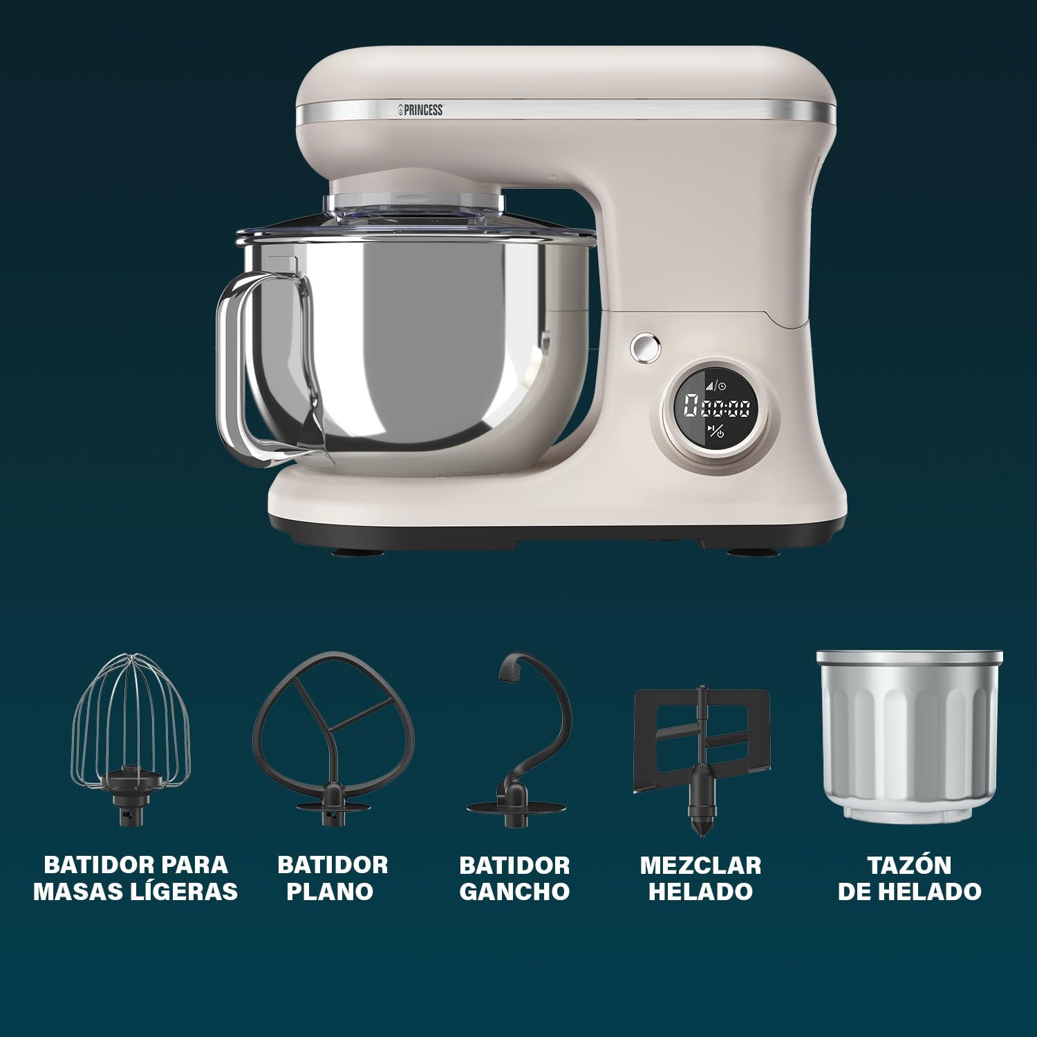 Princess K?chenmaschine 1200 W CremE-Weiss Edelstahl (01.220138.01.001)