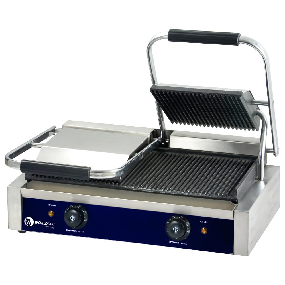 MBH – Grill Eléctrico Profesional WORLDMAI doble 58 x 41 cm con Placas Acanaladas para la Hostelería. Plancha Sandwichera Panini de Contacto para Bar y Restaurante