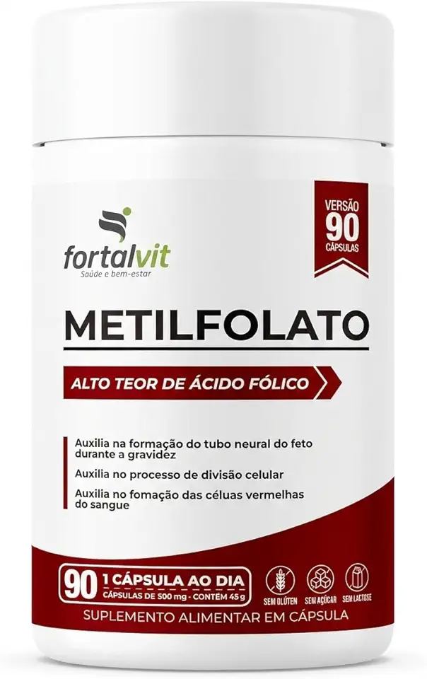 Metilfolato ácido fólico (B9), Alto Teor e Biodisponibilidade (284%VD), 90 Cápsulas, 3 Meses de Uso, Longa Duração, Fortalvit