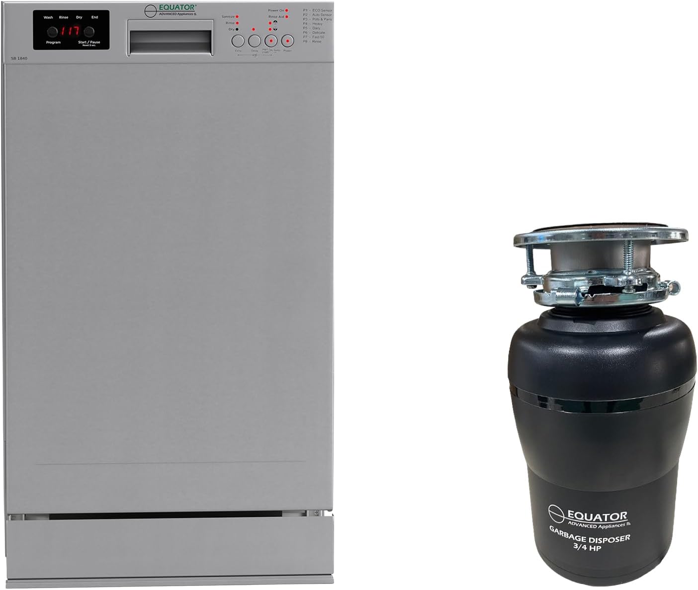 Equator 18 in Dishwasher 10 place QUIET 110V E-Star ADA+3/4 HP Garbage Disposer (Silver)