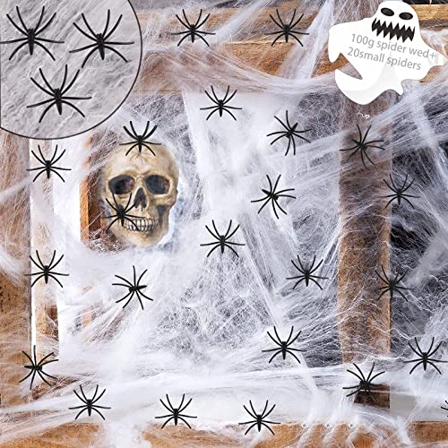Decoração de Halloween, teia de aranha para Halloween, 100 g de teias de aranha com 20 aranhas falsas, lustres de horror e teia de aranha branca, para festas de Halloween e decoração para exteriores janela de lareira