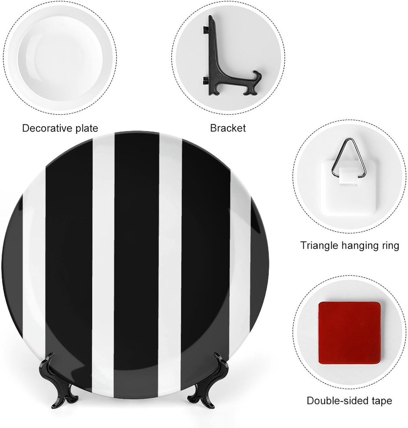 Stripes Black White Bone China Decorative Plate with Display Stand, Ceramic Ornaments Plate for Wall Hanging, Personalized Porcelain Plates for Office, Living Room 8inch