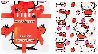 Hello Kitty Washcloths 4 Pack – 100% Cotton Super Soft Face Cloths for Makeup Removal & Skincare – Cute Sanrio Strawberry Design – 13” x 13” (Officially Licensed Product) by Franco